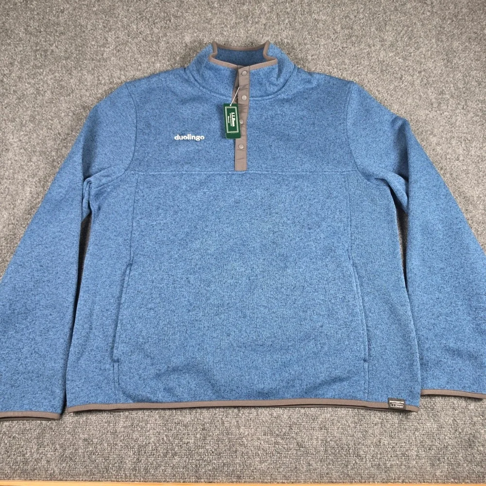 LL Bean Sweater Fleece Pullover Mens L Blue Duolingo Logo Snap Neck 506446 NWT
